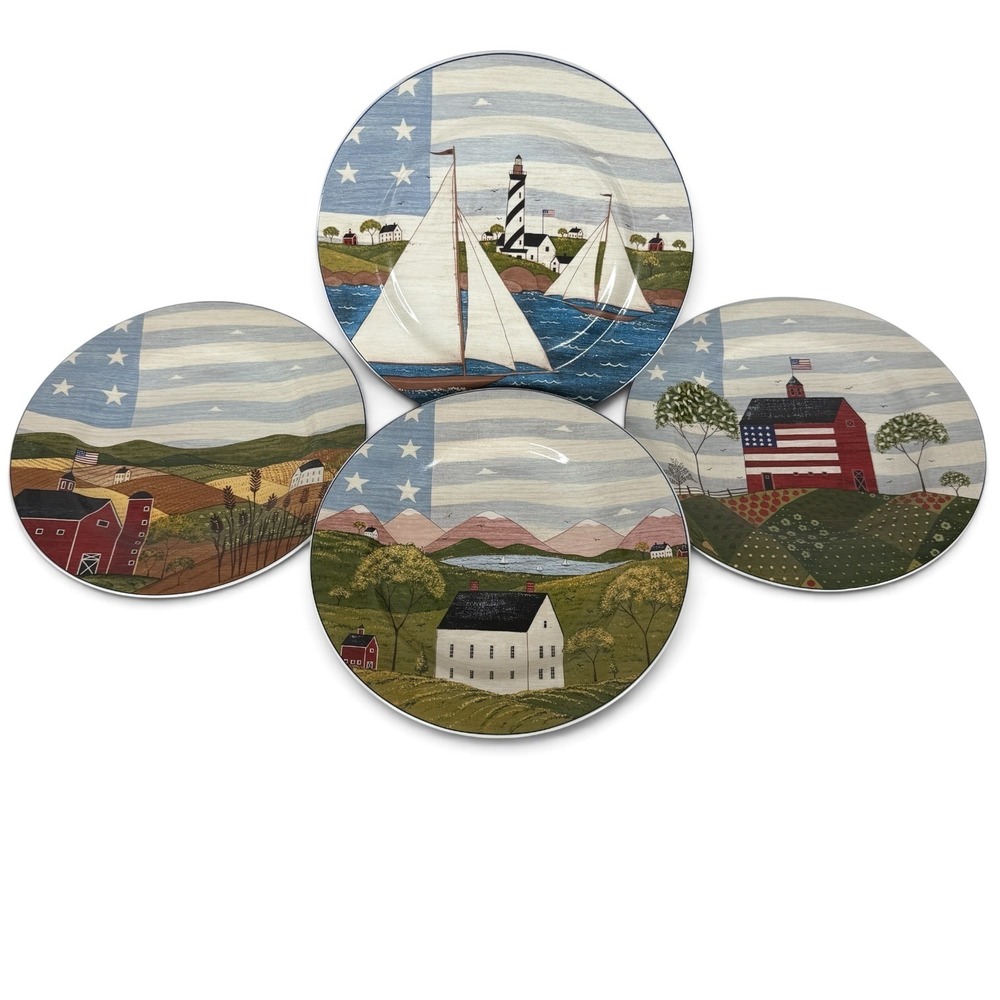 Warren Kimble America The Beautiful Salad Plates Set of 4 Sakura Folk Art 8.25"